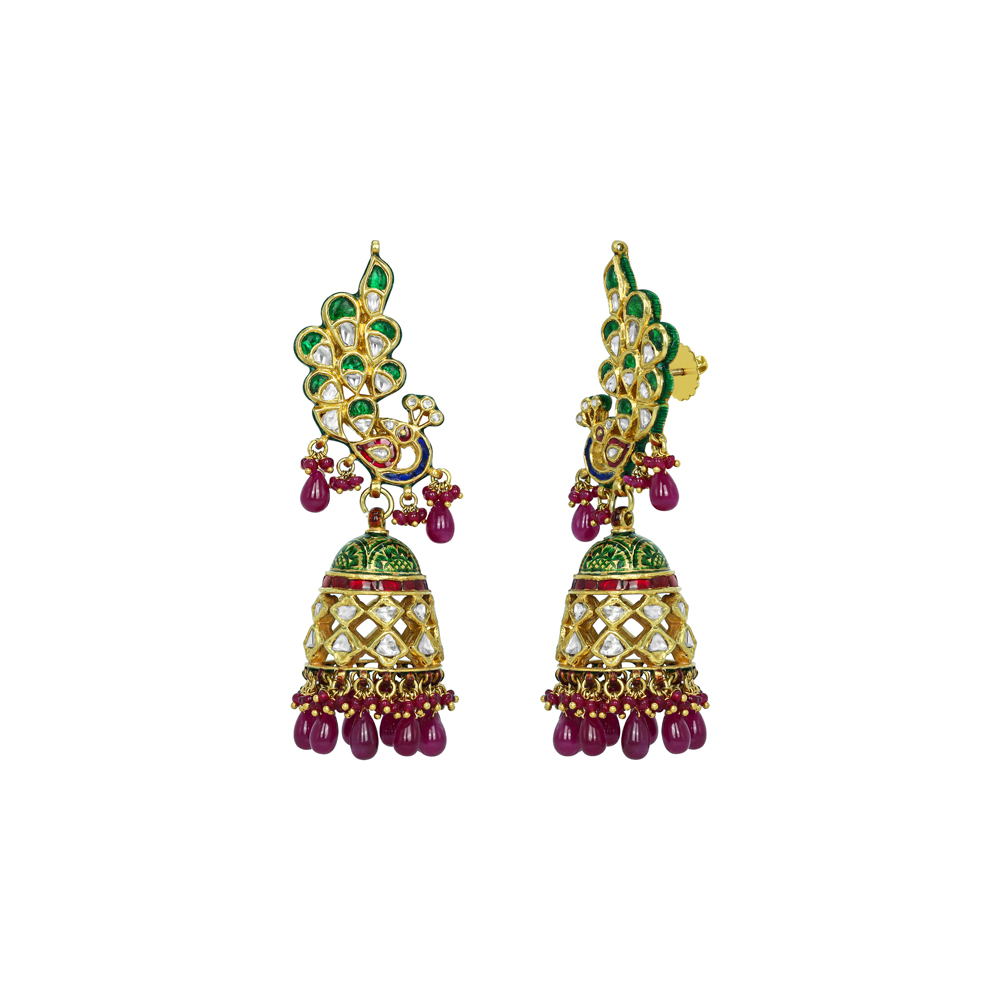 Peacock Motif Jhumkas with Green-Red Enamel and Ruby Drops